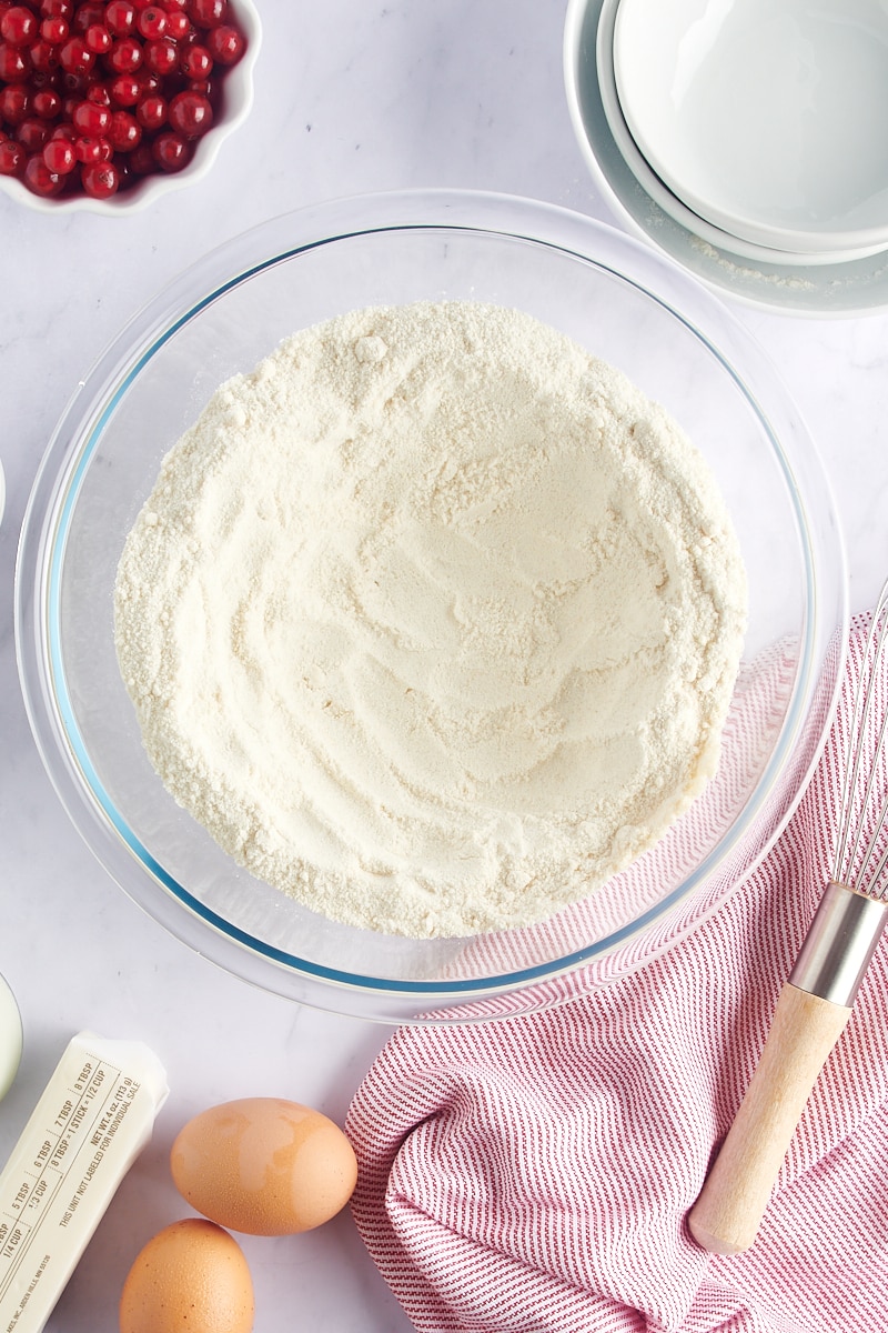 mixed dry ingredients with a well made in the center