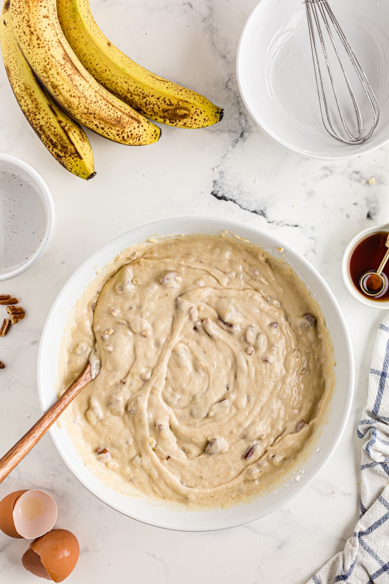 Overhead view of banana bar batter in bowl