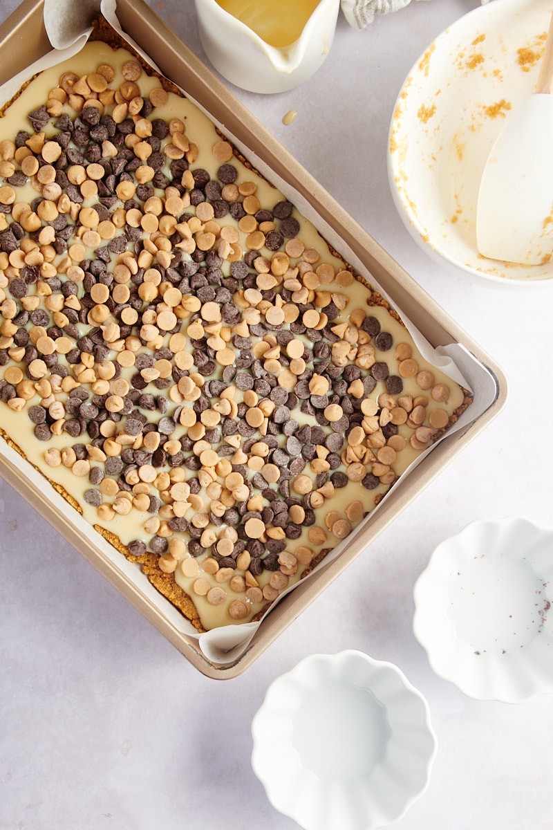 Overhead view of cookie bars before baking