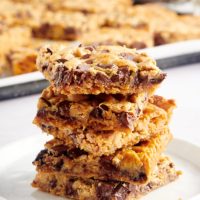 Stack of double delicious cookie bars on plate