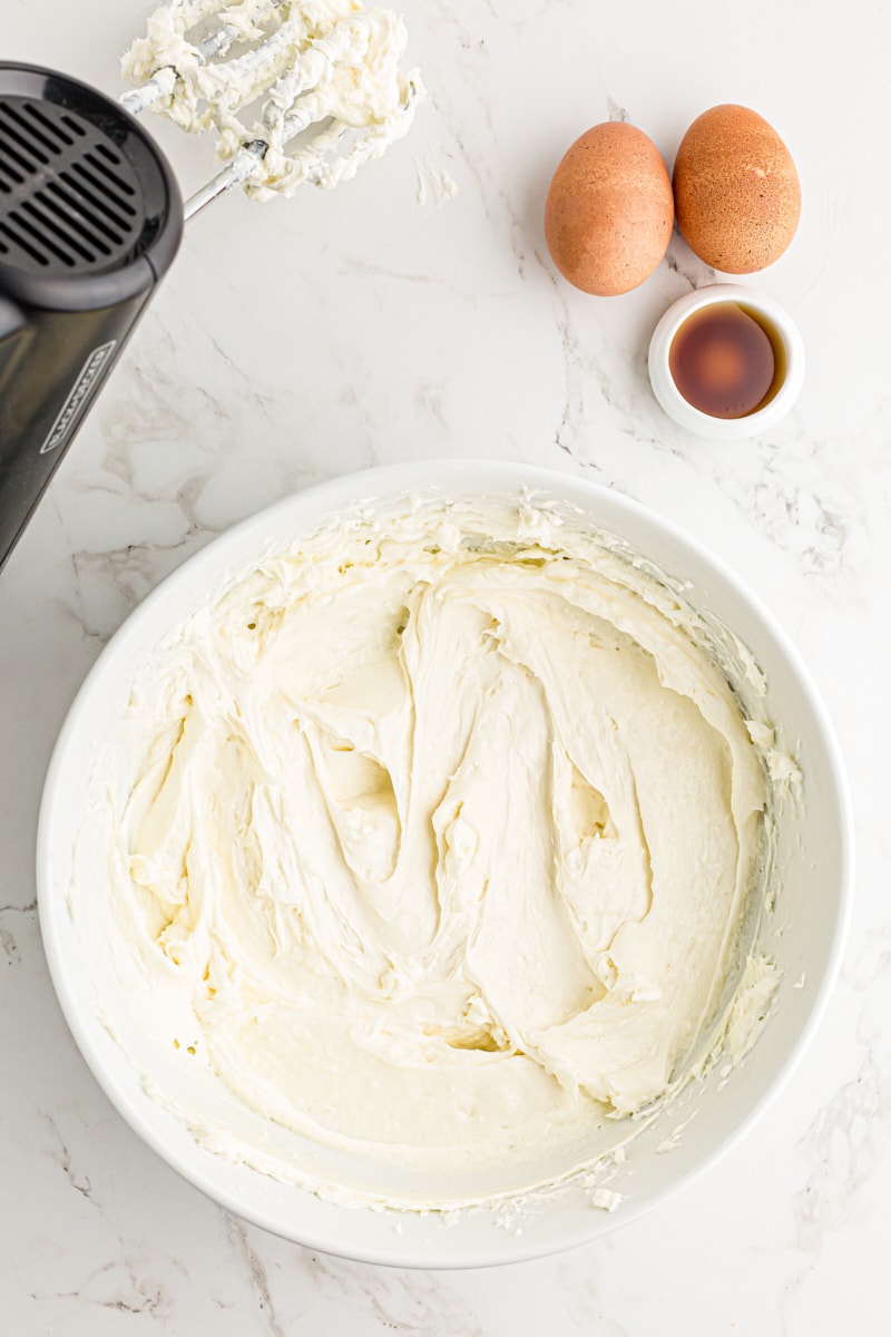 Overhead view of beaten cream cheese