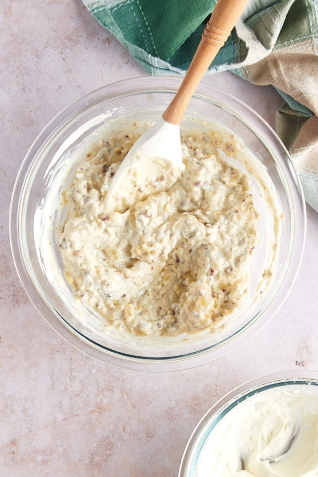 Overhead view of millionaire pie filling in mixing bowl