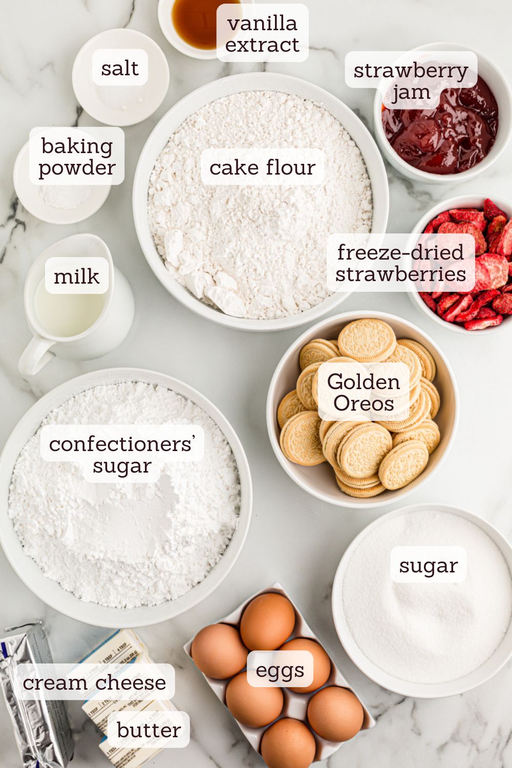 overhead view of ingredients for strawberry crunch cake